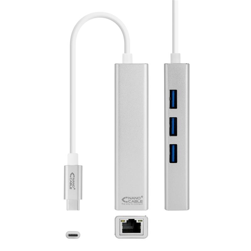 CABLE CONVERSOR USB-C ETHERNET GIGABIT + 3XUSB 3.0 15CM SILVER