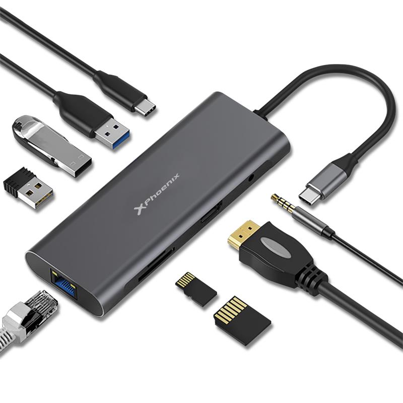 DOCK USB-C PHOENIX MULTIPUERTO 9 EN 1 HDMI 4K/RJ45/MICROSD/USB 3.0 BLACK